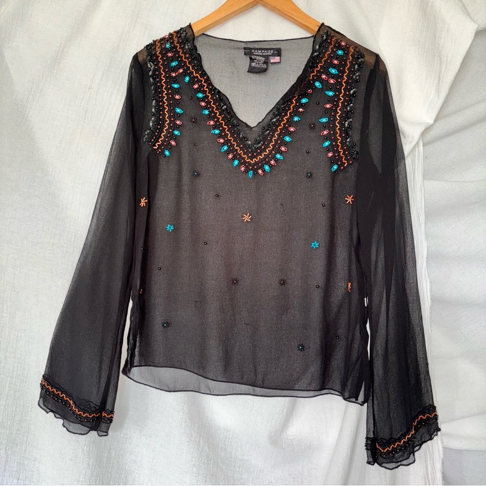 Vintage Y2K Rampage Black Sheer Embellished Long Sleeve Blouse